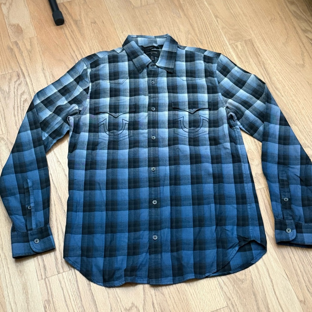 True Religion Men's Long Sleeve Shirt Size M Blue Plaid Gently Worn 100% Cotton